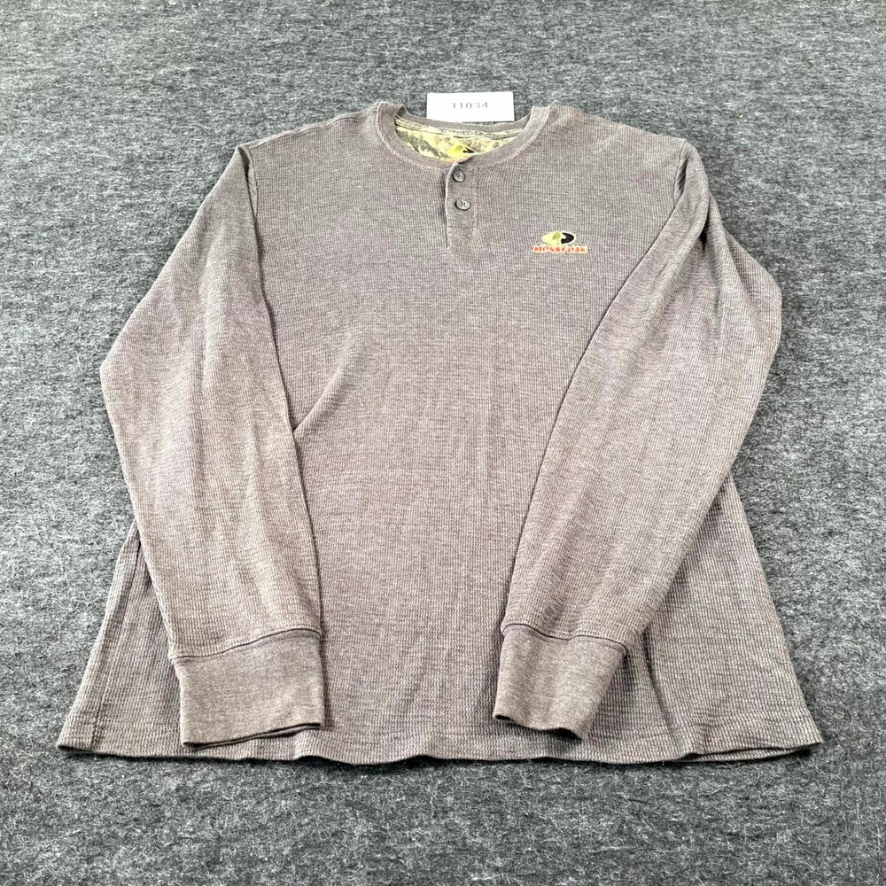 Mossy Oak Henley Shirt Men XL Gray Waffle Knit Casual Long Sleeve Button Placket